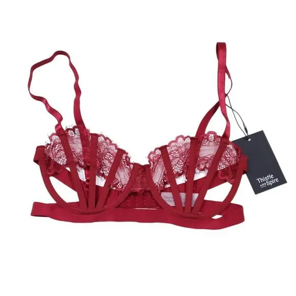 Thistle & Spire Sidney Open Cup Velvet Underwire Bra Ruby Red Size 32DD BNWT - Picture 2 of 6